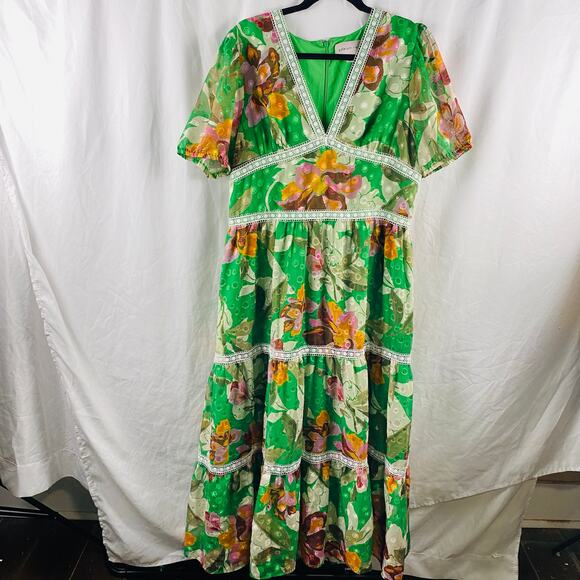 Adelyn Rae‎ Lian Jacquard Printed Midi Dress XL Green Floral Tropical Boho - Picture 4 of 12